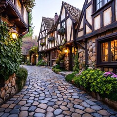 Obraz premium Enchanted Fantasy Village Quaint Cottages and Cobblestone Streets in a Magical Landscape