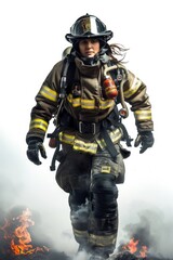 Fototapeta premium A courageous female firefighter, fully equipped, rushes into a burning building to save a life. Flames engulf the structure as she disappears into the smoke.