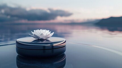 minimalist cake with a glossy indigo base and a single white lotus pattern, set against a backdrop of tranquil water at twilight