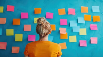 Woman Brainstorming with Colorful Sticky Notes on Blue Wall..