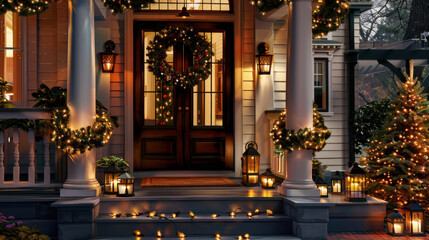 Obraz premium Beautifully decorated front porch for the holiday season with wreaths, lanterns, and a glowing Christmas tree in the background