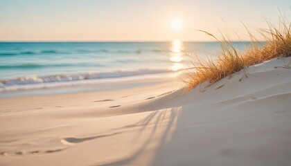 Close up sand with blurred sea sky background, summer day, copy space or for product. Summer background concept.