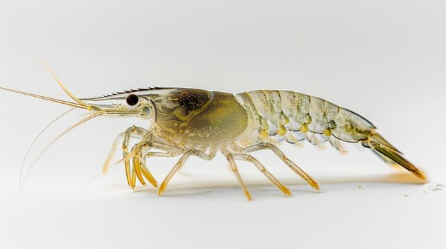 Alive Pacific white shrimp (L. vannamei) in close-up, swimming against a white background. Isolated shot