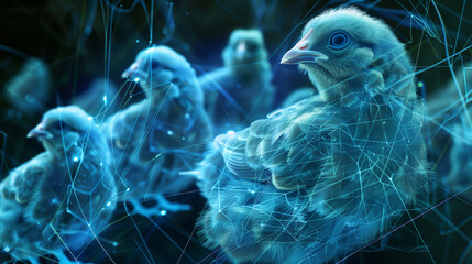 Obraz premium Digital illustration of chicks with blue network overlays.