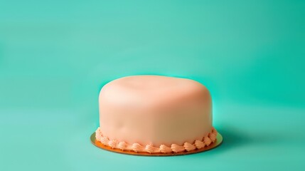 Fototapeta premium minimalist cake with a smooth, matte finish in soft peach, isolated on a bright teal background with room for copy