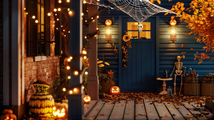 Cozy Halloween-themed porch with pumpkins, skeleton decorations, autumn leaves, and warm string lights illuminating the scene