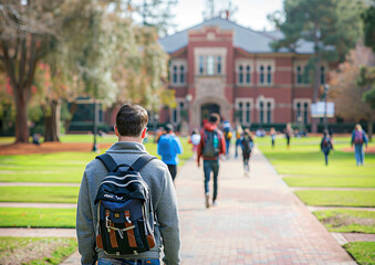 College campus with a focus on academic buildings and students, highlighting the back to school season