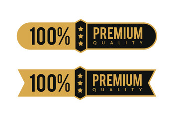 100 percent premium quality satisfaction guaranteed. Circle, ribbon, stars, and gold color isolated on white
