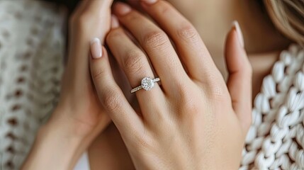 Close-up of a woman's hand with a diamond ring on her ring finger, perfect for business-themed posters and banners