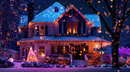 Fototapeta premium Festively decorated house with colorful lights and a Christmas tree on a snowy night, creating a warm holiday atmosphere