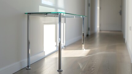 Contemporary glass and chrome console table in a bright hallway, modern home entryway design,