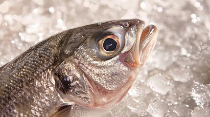 Detailed shot of a fish on crushed ice, with bright eyes and glistening scales, highlighting its fresh, just-caught quality