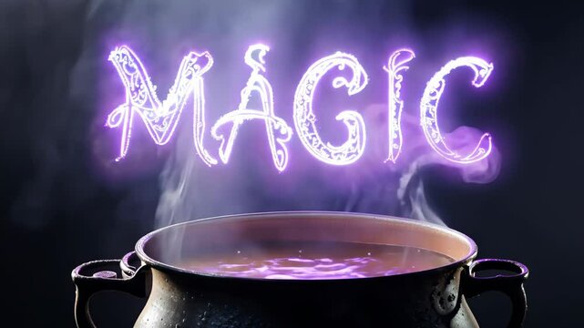 A black cauldron with a purple glow and the text magic in the air above it.
Concept: potions and mystical rituals