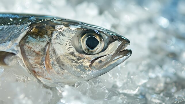 Detailed shot of a fish on crushed ice, with bright eyes and glistening scales, highlighting its fresh, just-caught quality - Powered by Adobe