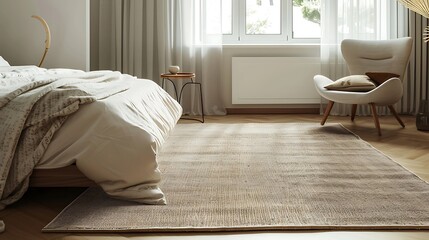Cozy beige wool area rug in a modern bedroom, inviting home textile,