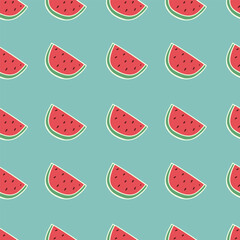 Seamless watermelon pattern on green background for summer design with watermelon slices.