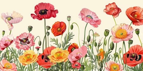 Fototapeta premium Vibrant Red, Pink, and Orange Poppy Floral Illustration Background. Abstract Botanical Decorative Print for Spring or Summer Greetings. Beautiful Vintage Wildflower Design. 4K High-Resolution AI-Gener