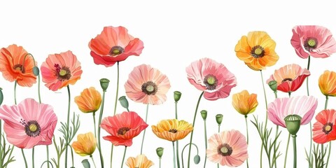 Fototapeta premium Vibrant Red, Pink, and Orange Poppy Floral Illustration Background. Abstract Botanical Decorative Print for Spring or Summer Greetings. Beautiful Vintage Wildflower Design. 4K High-Resolution AI-Gener