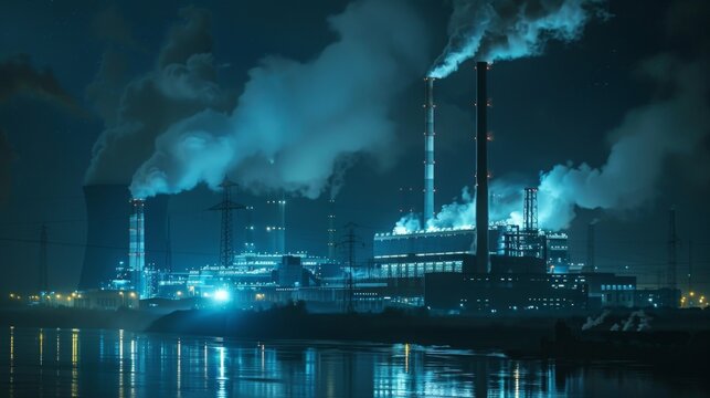 Nighttime view of a power plant illuminated by artificial lights, with steam rising against a dark sky, highlighting continuous operation