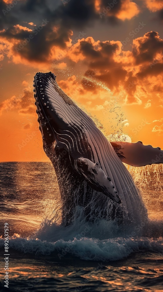 Canvas Prints Humpback whale emerges from the ocean at sunset