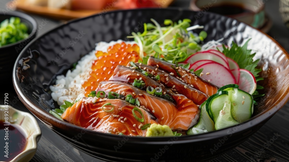 Poster Elegant side view of salmon donburi with carved radish and vegetables, showcasing the artistry and elegance of Japanese culinary traditions