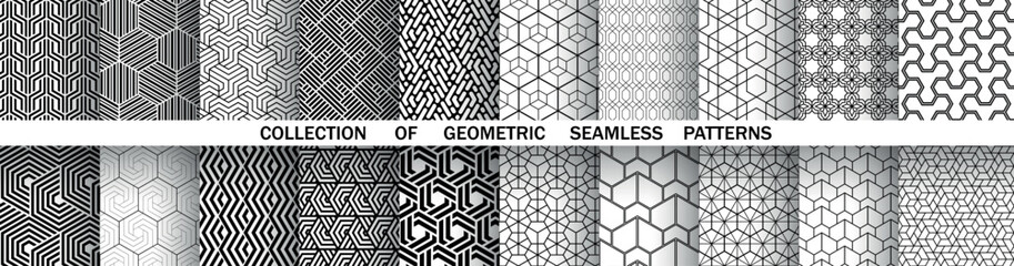 Geometric set of seamless black and white patterns. Simple vector graphics.