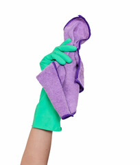 Hand in green rubble glove holding purple rag isolated clean cut on white background, housework...