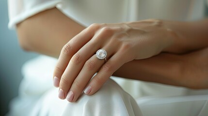 Elegant woman's hand adorned with a diamond ring, ideal for business entity promotions and wallpapers