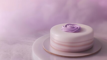 minimalist white cake with a single, vibrant purple swirl, set against a backdrop of soft purple haze