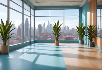 Fototapeta premium A bright gym interior featuring a barbell on the floor, with large windows allowing natural light to flood the space. A potted plant is positioned nearby, and the background shows a cityscape through 