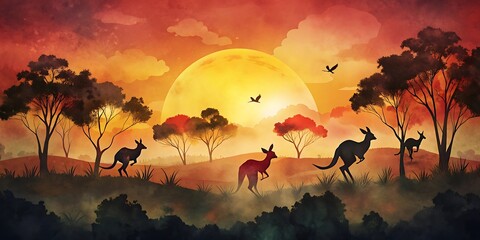 Kangaroos Hopping at Sunset as Wallpaper or Poster Design