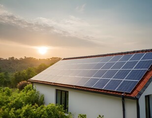Fototapeta premium Solar Panels Installed on a Roof at Sunset in a Rural Setting, green energy, nature conservation