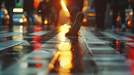 Fototapeta premium Person walking on illuminated wet city street.