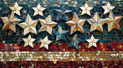 Patterned mosaic of stars and stripes on a Memorial Day banner.