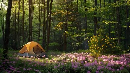 Camp tent on green grass forest with beautiful flower on view nature. 