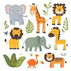 Cute illustrated jungle animals including lion, elephant, giraffe, and leaves on a white background. Perfect for kids.