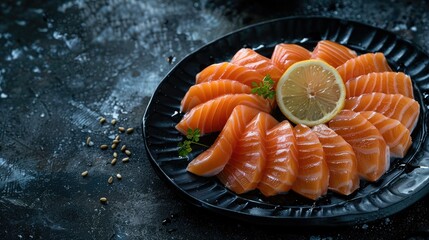 Fresh salmon sashimi artfully presented on a dark background, capturing the delicate textures and vibrant colors of Asian cuisine