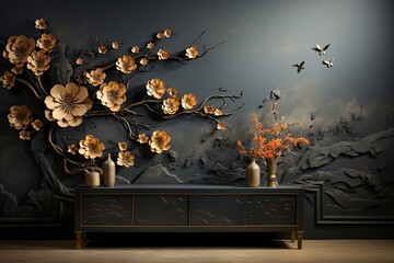 Wallpaper illustrating in the style of painting, dark gray and gold, editorial illustrations