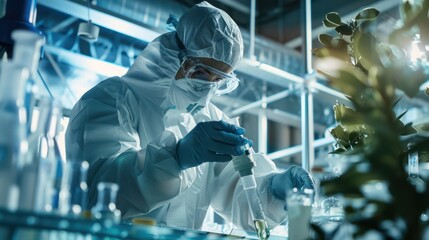 Lab worker wearing protective gear and handling chemicals.