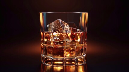 A glass of whiskey with ice cubes on a dark background