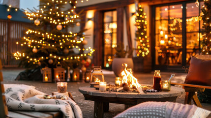 Cozy outdoor winter setting featuring a festive Christmas tree, warm fire, candles, and a peaceful atmosphere for holiday gatherings