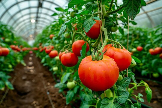 Rows of tomato plants in a large greenhouse