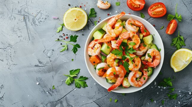 Freshly prepared shrimp salad on white stone, top view, highlighting colorful ingredients and clean presentation