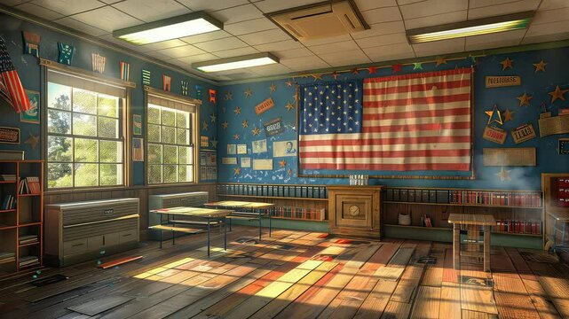 Animation Colorful, empty classroom with a large American flag displayed prominently generated with ai