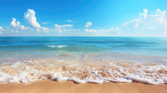 Golden sandy beach with calm sea and sunny sky, perfect for summer vacation posters
