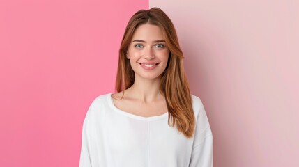 Fototapeta premium Happy Woman Portrait, Smiling young woman against a pink background, Positive Emotion.