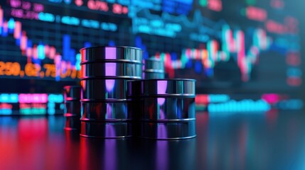 Oil Barrels and Stock Market, Metallic oil barrels in front of financial graphs, Economic Concept.