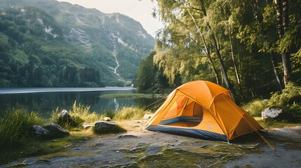 Camp tent on green grass forest with beautiful flower on view nature. 