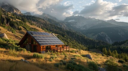 Solar energy installation on a remote mountain cabin, enabling off-grid living