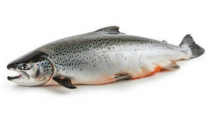 Fototapeta premium Isolated raw salmon falling with a clean white backdrop, emphasizing its natural color and freshness